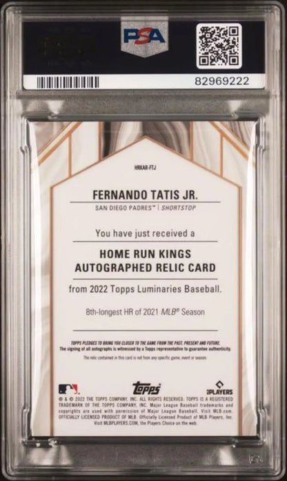 PSA-graded baseball card back of 2019 Topps Luminaries Fernando Tatis HR Kings Relics