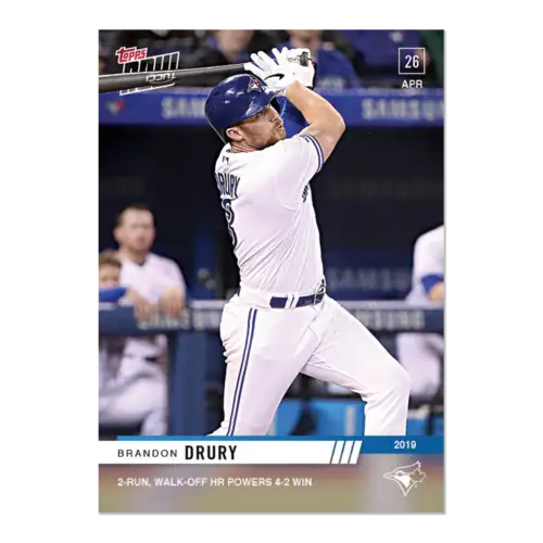 Brandon Drury mid-swing on a baseball card for the Blue Jays home run celebration