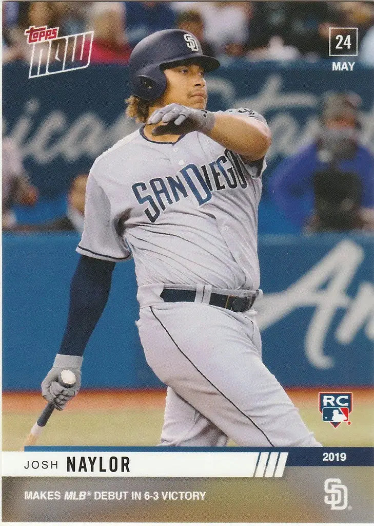 Baseball player Josh Naylor in San Diego Padres uniform swinging a bat at MLB debut