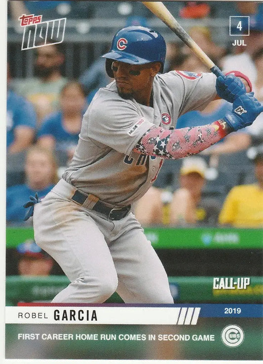 Baseball card of Robel Garcia at bat in gray Cubs uniform celebrating 1st career home run