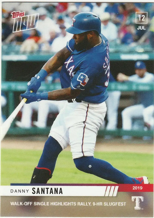 Baseball card of Danny Santana in blue uniform, featuring his walk-off single for Texas Rangers