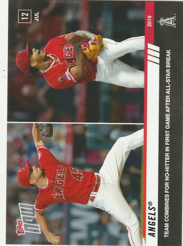 Baseball trading card of Los Angeles Angels players pitching for no-hitter achievement