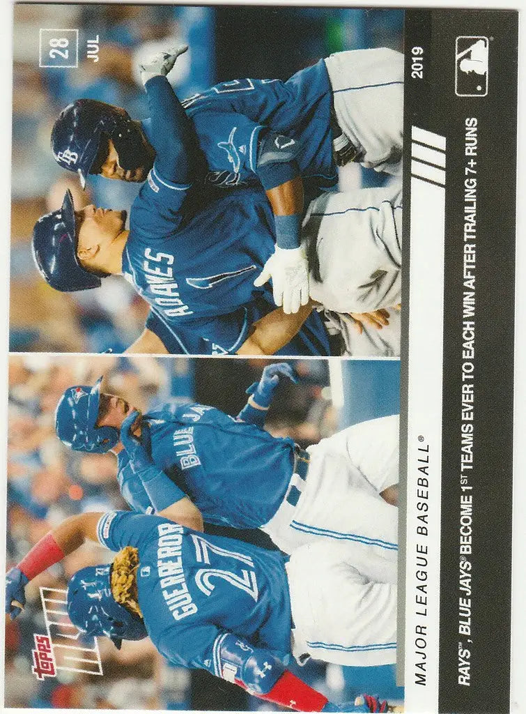 Baseball trading card showcasing Blue Jays player batting and running in action