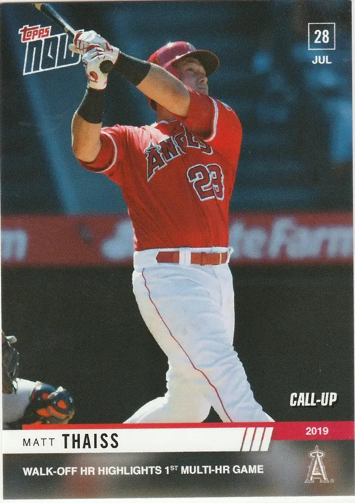 Baseball card of Matt Thaiss in batting stance for Los Angeles Angels home run