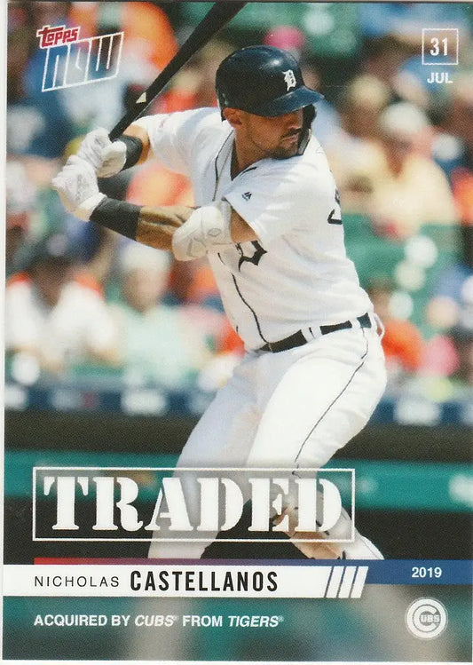 Baseball trading card of Nicholas Castellanos traded to Chicago Cubs at bat in white uniform