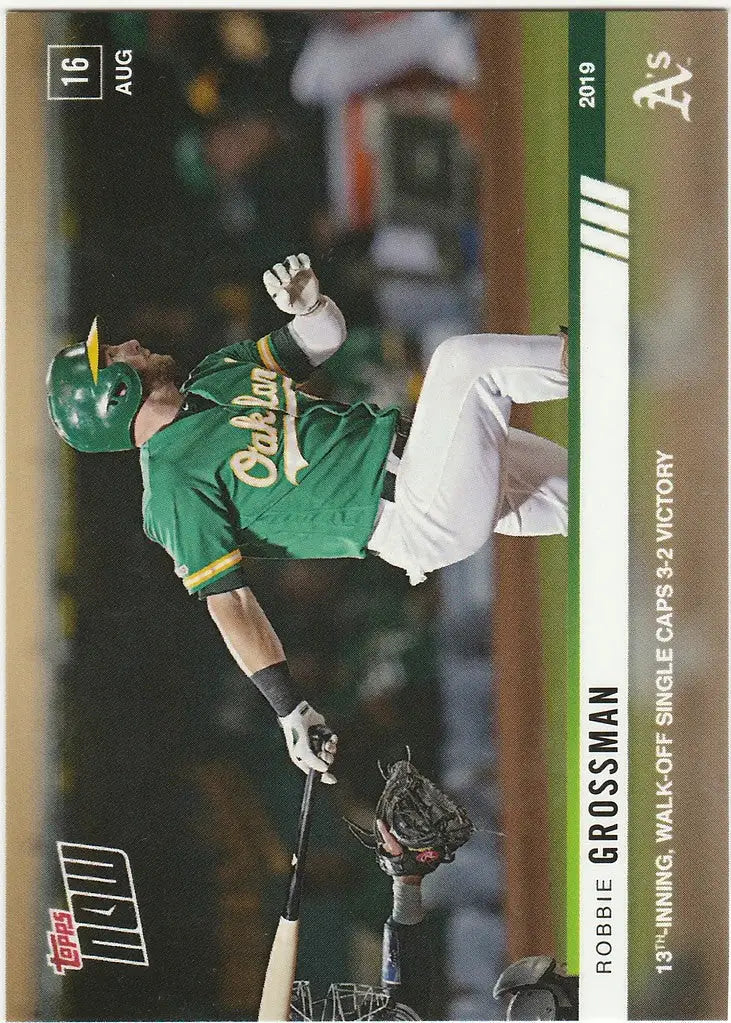 Baseball card of Robbie Grossman making a leaping catch for the Oakland Athletics