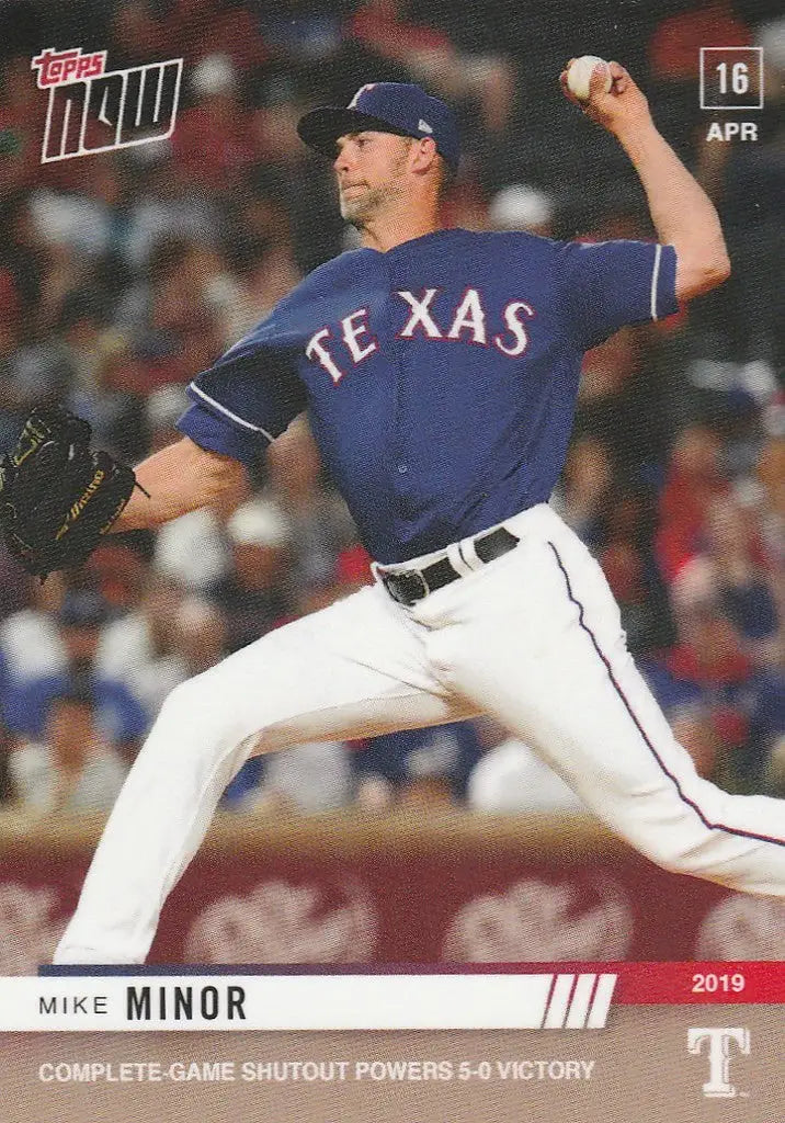 Baseball player Mike Minor in Texas Rangers uniform mid-pitch on baseball card