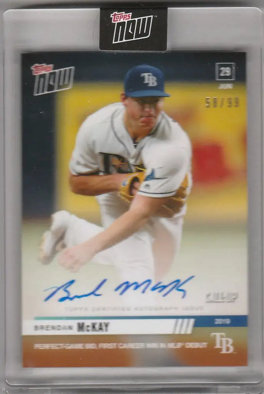 Baseball trading card of 453A Brendan McKay in mid-throw for Tampa Bay Rays Perfect Game