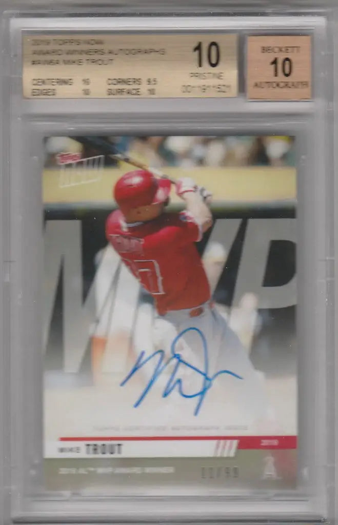 Graded baseball card of Mike Trout in red uniform, AW6A Autographs BGS 10, Angels