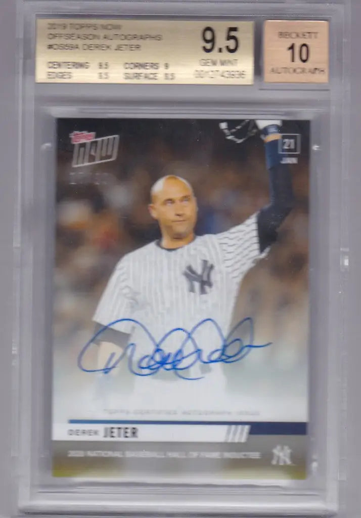 Graded baseball card featuring Derek Jeter autograph from 2019 Topps Now