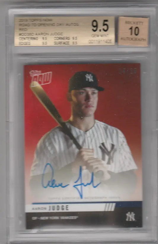 Graded baseball card of Aaron Judge BGS 9.5 on Opening Day with red background