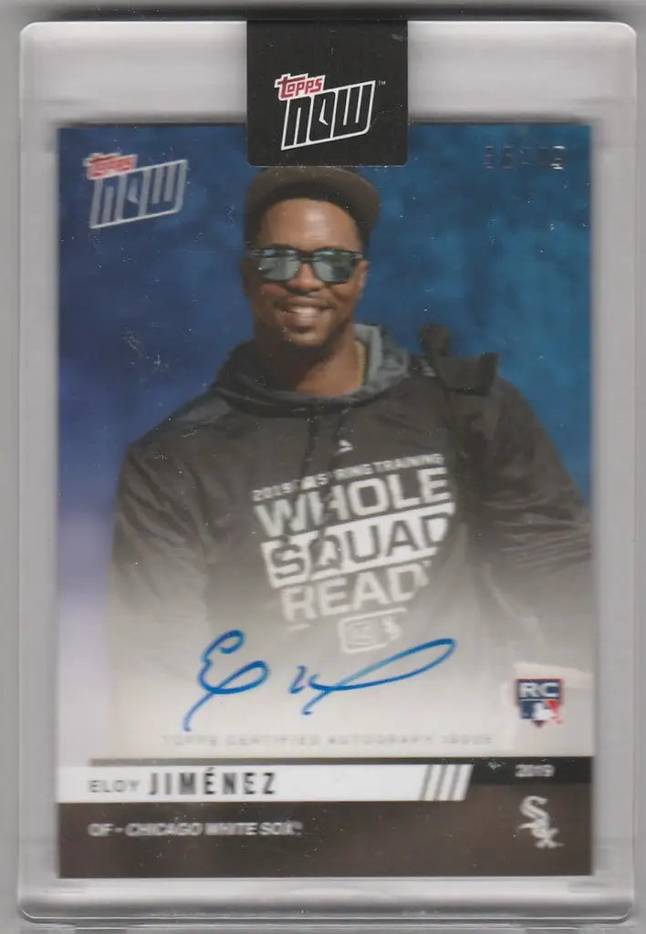 Eloy Jimenez Chicago White Sox trading card with sunglasses and blue autograph