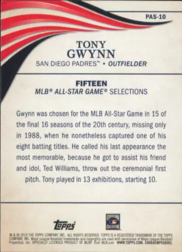 Tony Gwynn baseball card back from 2019 Topps Update Perennial All Stars collection