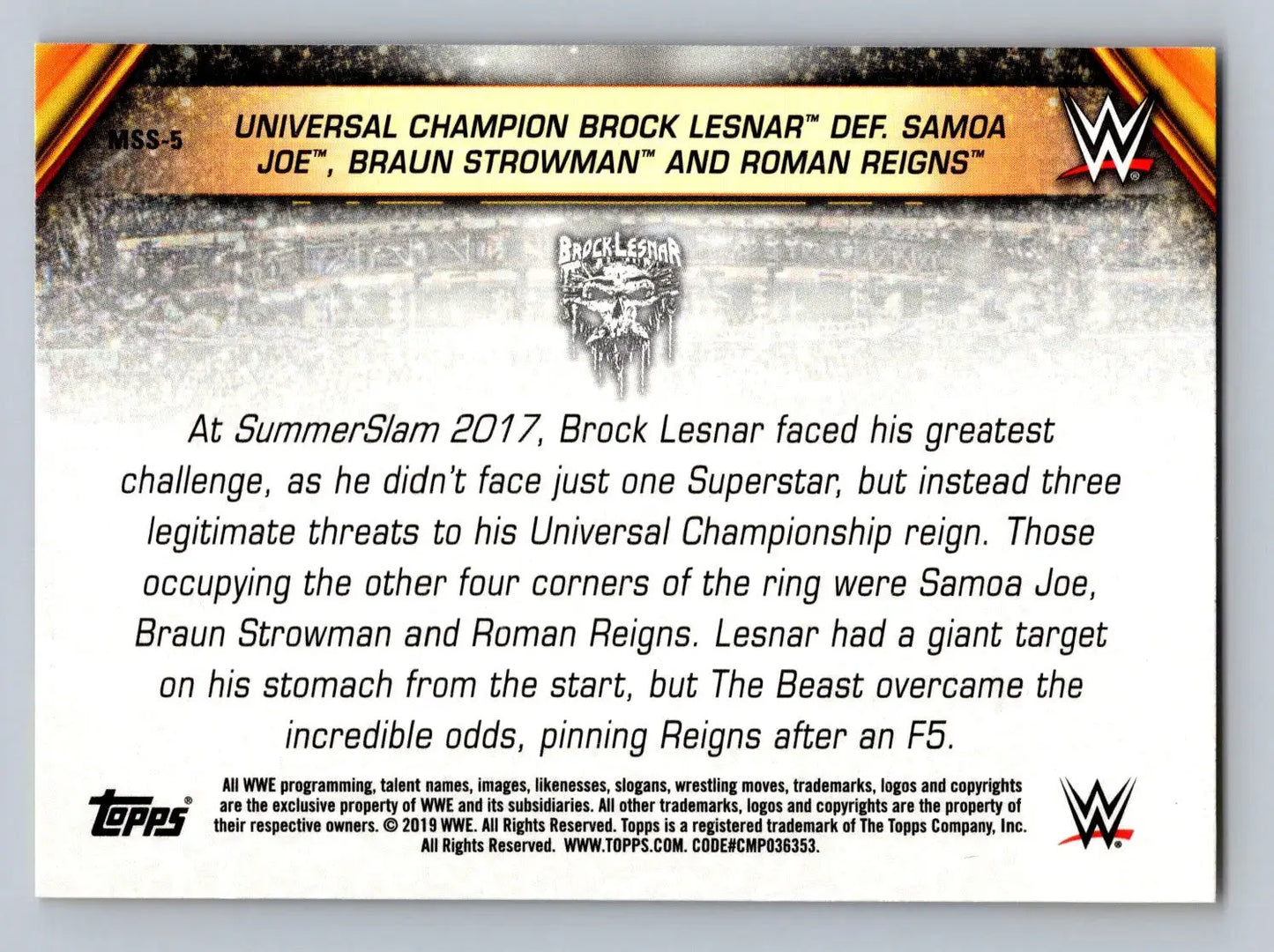 Wrestling card back of 2019 Topps WWE Brock Lesnar SummerSlam All-Stars collectible