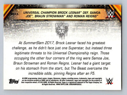 Wrestling card back of 2019 Topps WWE Brock Lesnar SummerSlam All-Stars collectible