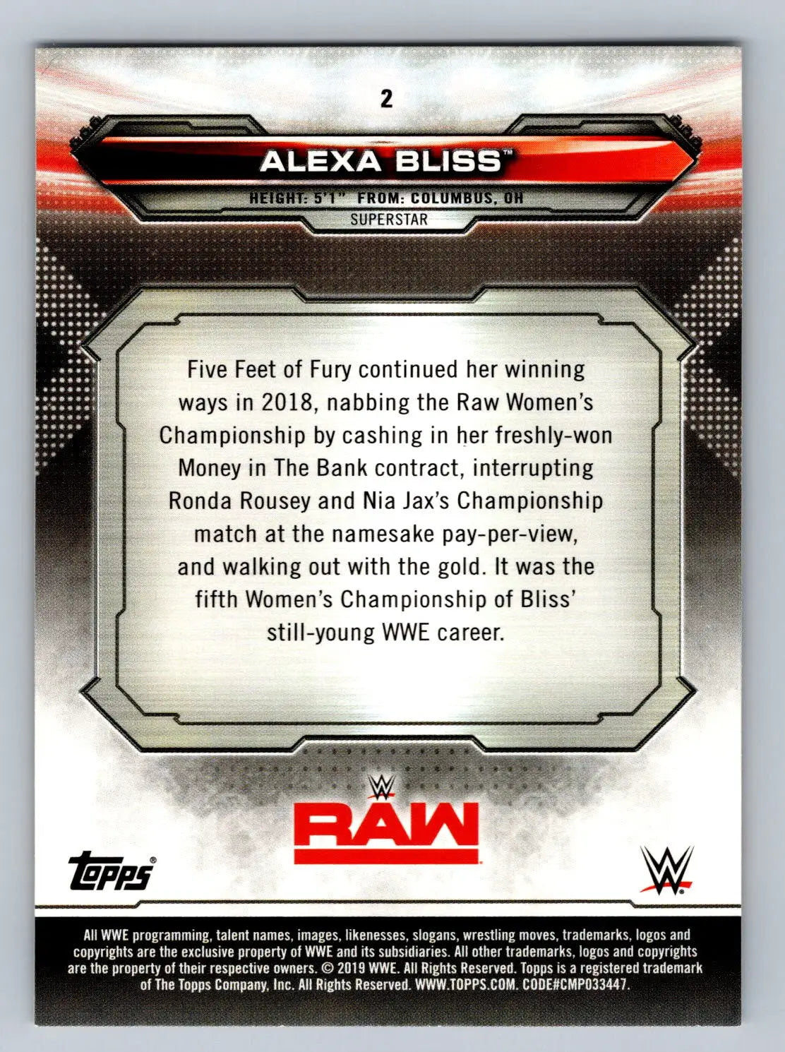 Alexa Bliss wrestling card from 2019 Topps WWE Raw #2 collectible set