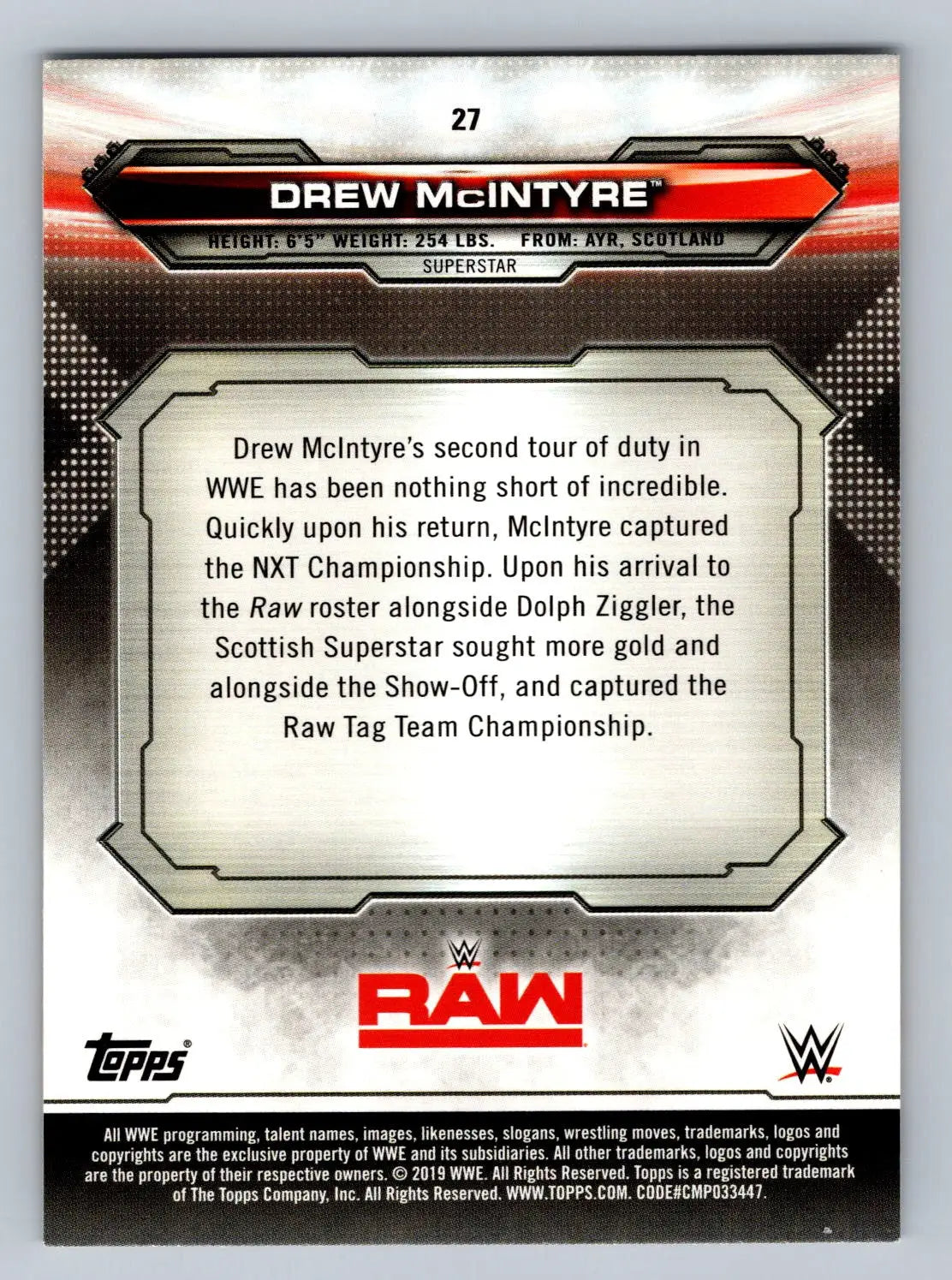 Drew McIntyre wrestling card from 2019 Topps WWE RAW #27 collectible set