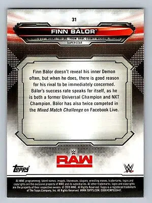 Finn Bálor wrestling card from 2019 Topps WWE RAW #31 showcasing the popular wrestler