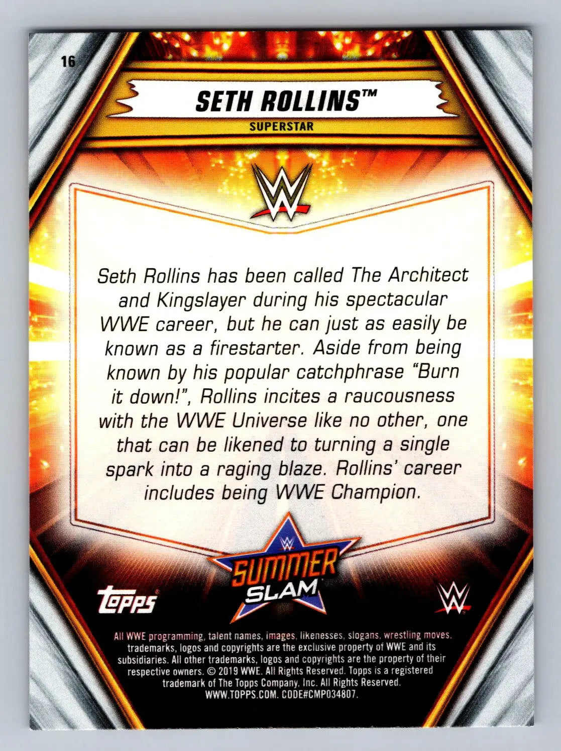 Seth Rollins trading card from 2019 Topps WWE SummerSlam #16 collectible item