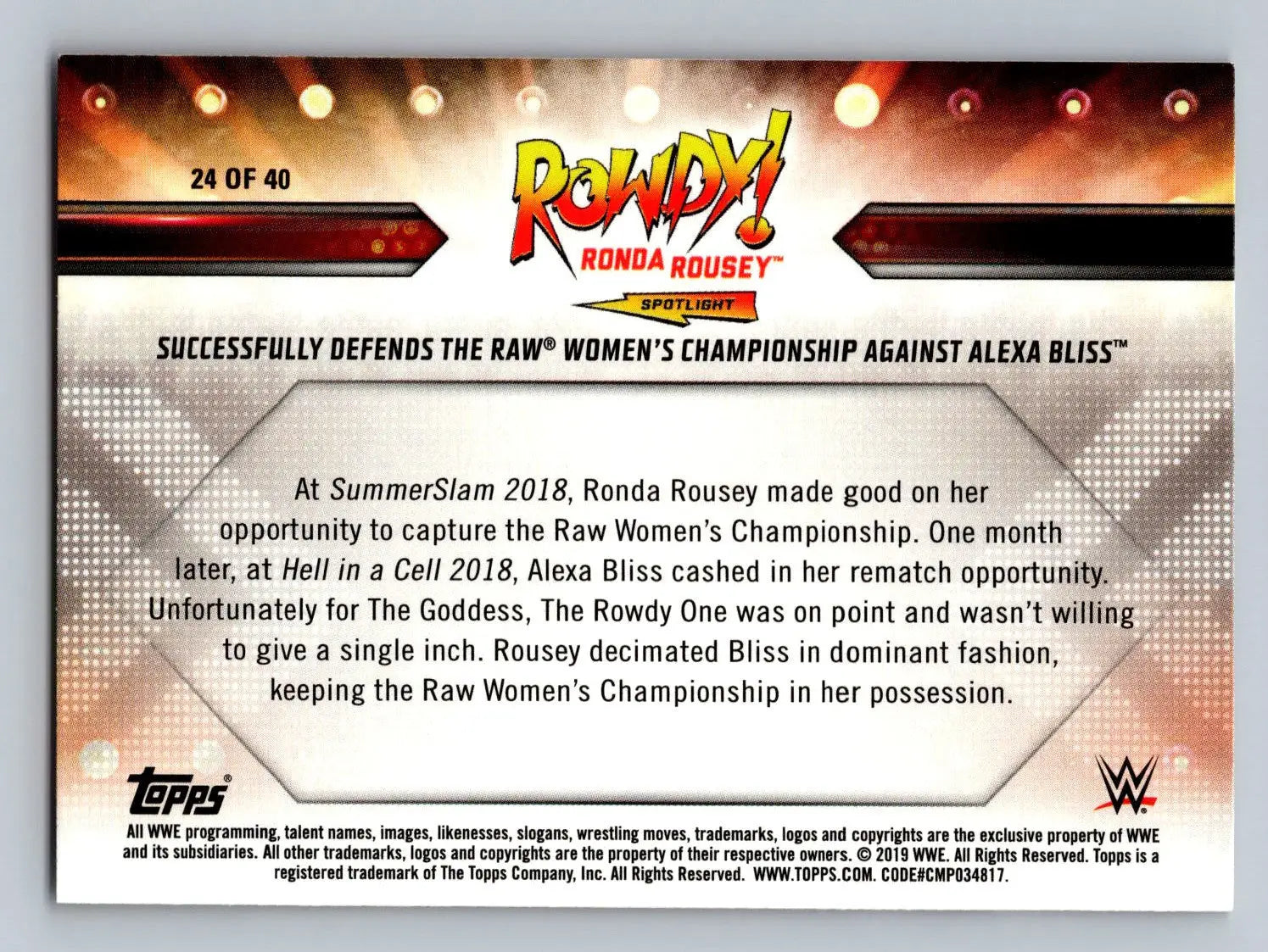 Ronda Rousey trading card from 2019 Topps WWE SummerSlam #24 Spotlight series