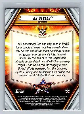 AJ Styles 2019 Topps WWE SummerSlam #29 trading card back for collectors