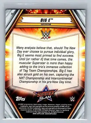 Big E wrestling card from 2019 Topps WWE SummerSlam #31 for collectors and fans