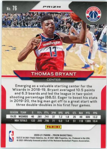 2020-21 Panini Prizm Green Thomas Bryant basketball card from Washington Wizards NM-MT