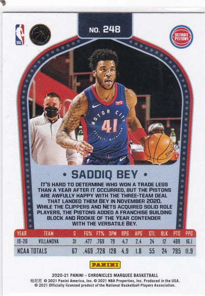 Basketball trading card of Saddiq Bey Marquee RC for Detroit Pistons in blue jersey 41