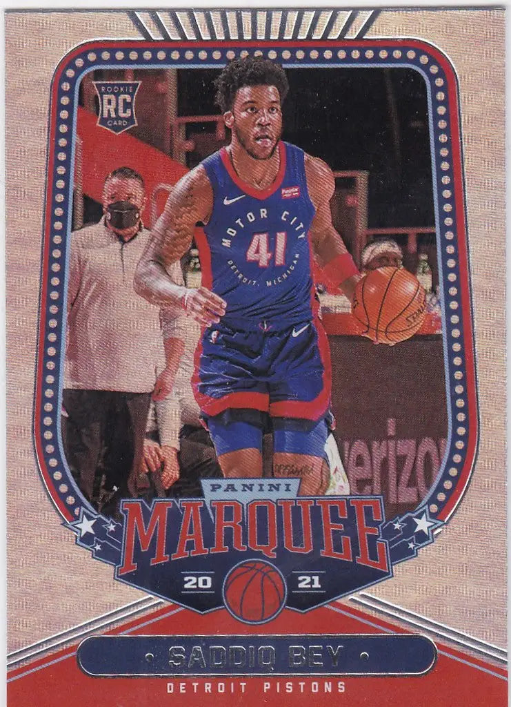 Basketball trading card of Saddiq Bey in Detroit Pistons blue and red uniform