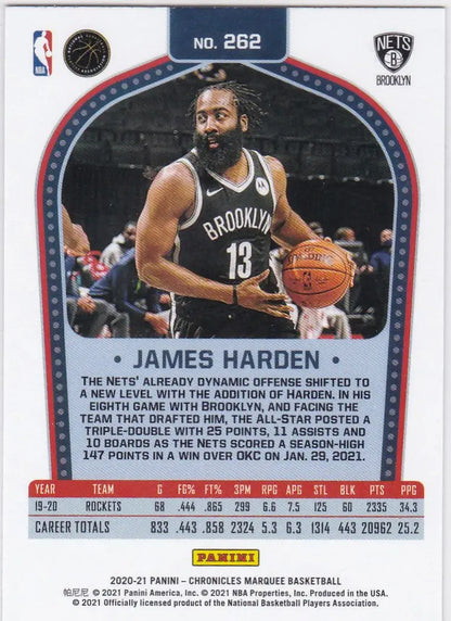 Basketball trading card of James Harden Marquee Brooklyn Nets player in black jersey