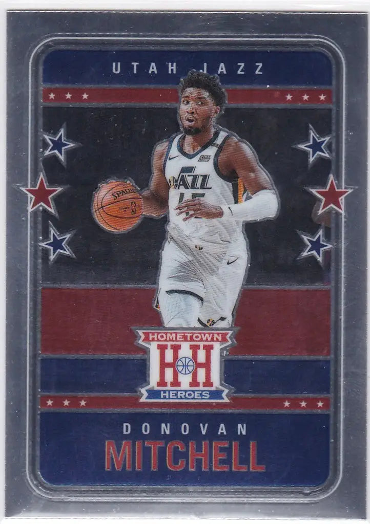 Basketball trading card of Donovan Mitchell dribbling for Utah Jazz in white uniform