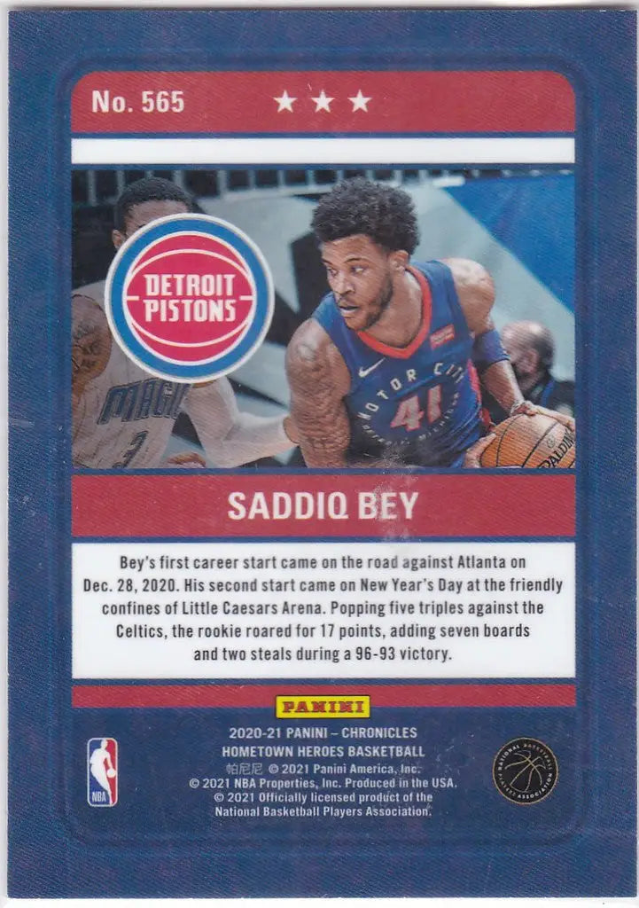 Basketball trading card of Saddiq Bey, showcasing Hometown Heroes Detroit Pistons action