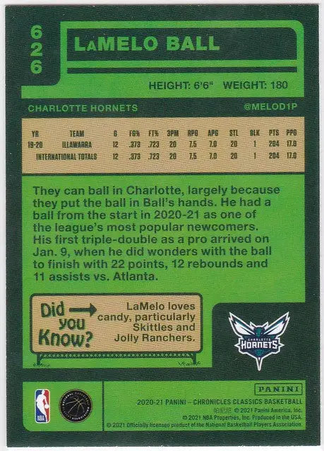 Basketball trading card of LaMelo Ball RC Charlotte from 2020-21 Chronicles Classics