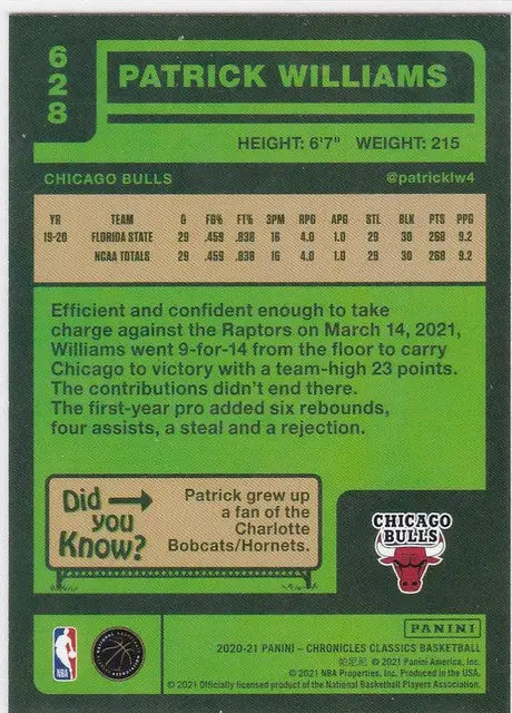 Basketball trading card of Patrick Williams RC Chicago from Chronicles Classics 2020-21