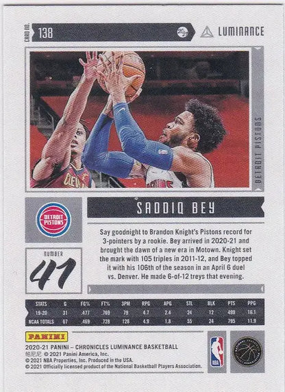 Basketball trading card of Saddiq Bey RC Detroit from 2020-21 Chronicles Luminance