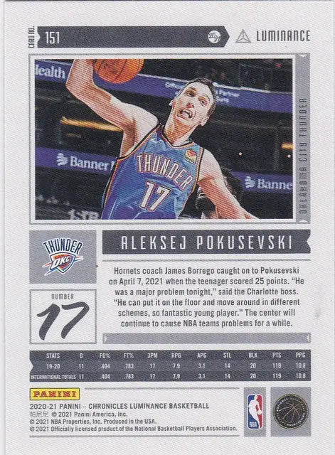 Basketball trading card of Aleksej Pokusevski in blue Thunder jersey, Chronicles Luminance