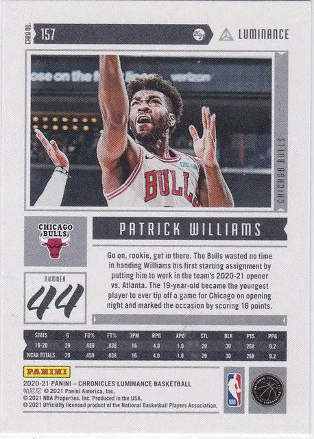 Patrick Williams RC Chicago Bulls trading card from Chronicles Luminance in action pose