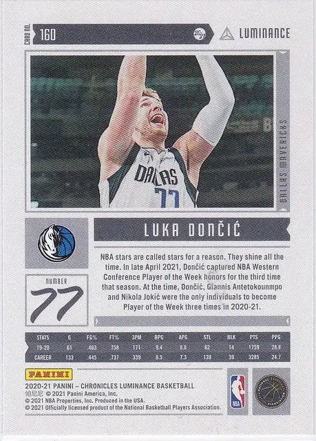 Luka Doncic Dallas Mavericks trading card from 2020-21 Chronicles Luminance #160