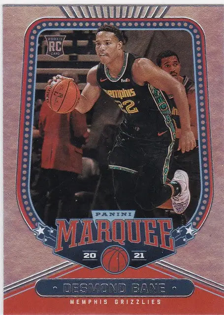 Basketball trading card of Desmond Bane dribbling in black uniform for Memphis Grizzlies