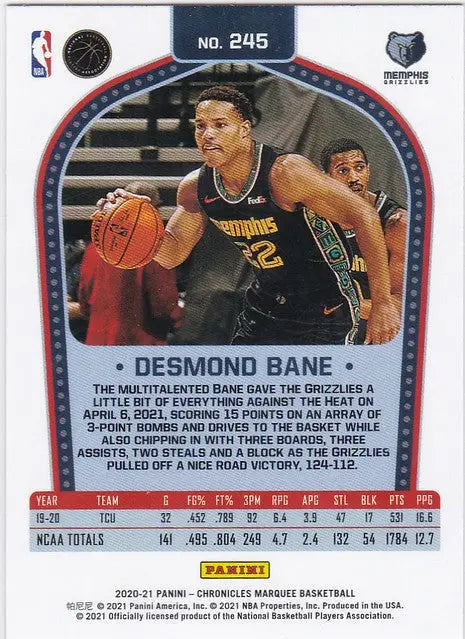 Basketball trading card of Desmond Bane dribbling for 2020-21 Chronicles Marquee RC Memphis