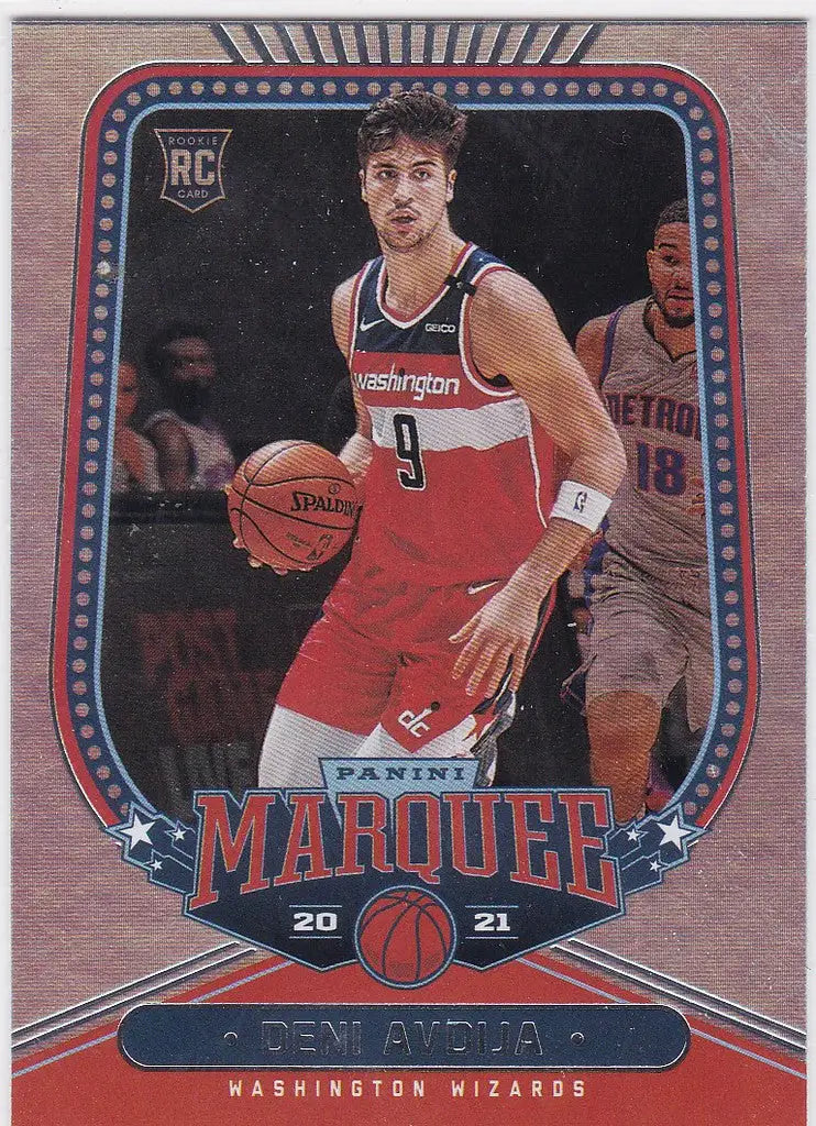 Basketball trading card of Deni Avdija RC Washington in red jersey, Chronicles Marquee