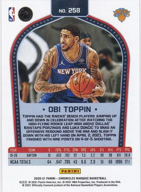 Basketball trading card of Obi Toppin in New York Knicks jersey from Chronicles Marquee