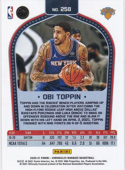 Basketball trading card of Obi Toppin in New York Knicks jersey from Chronicles Marquee