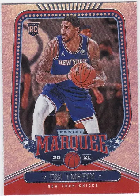 Basketball trading card of Obi Toppin in blue uniform for New York Knicks Chronicles Marquee