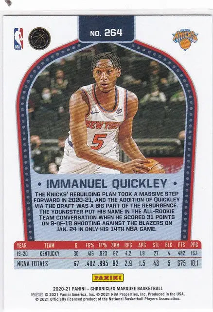 Basketball trading card of Immanuel Quickley in New York Knicks jersey number 5 from Chronicles Marquee