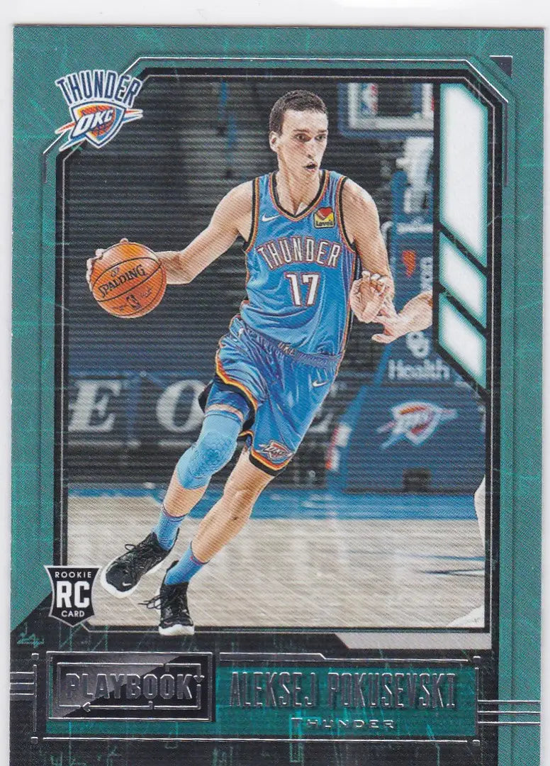 Basketball trading card of Aleksej Pokusevski RC Thunder dribbling, Chronicles Playbook