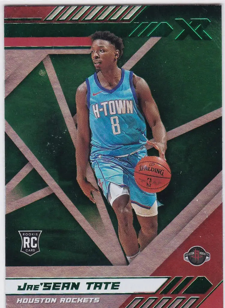 Basketball trading card of Jae’Sean Tate in light blue H-Town jersey for Houston Rockets