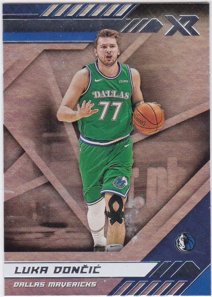 Luka Doncic Dallas Mavericks player in green jersey dribbling ball on trading card