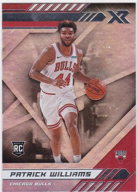 Basketball trading card of Patrick Williams RC Chicago Bulls in white uniform dribbling ball