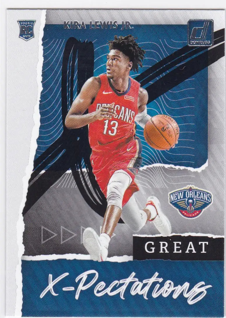 Basketball trading card of Kira Lewis Jr dribbling for the Pelicans in red jersey